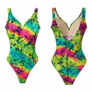 VTG 80s Sun Streak Floral One Piece Swimsuit Neon High Cut Baywatch USA 10